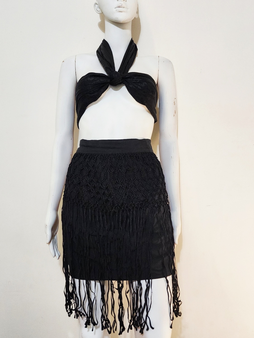 Gianni Versace Black Knotted Fringe Skirt Sz 42